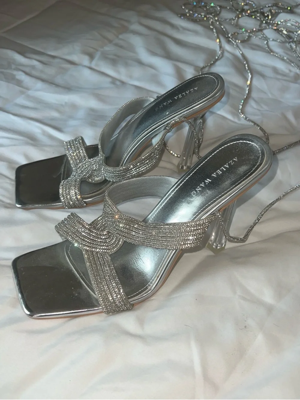 Azalea Wang Silver Rhinestone Lace-Up Heeles